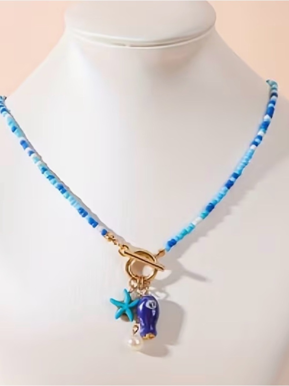 Blue Beaded Charm Necklace with Gold Toggle - Unbranded